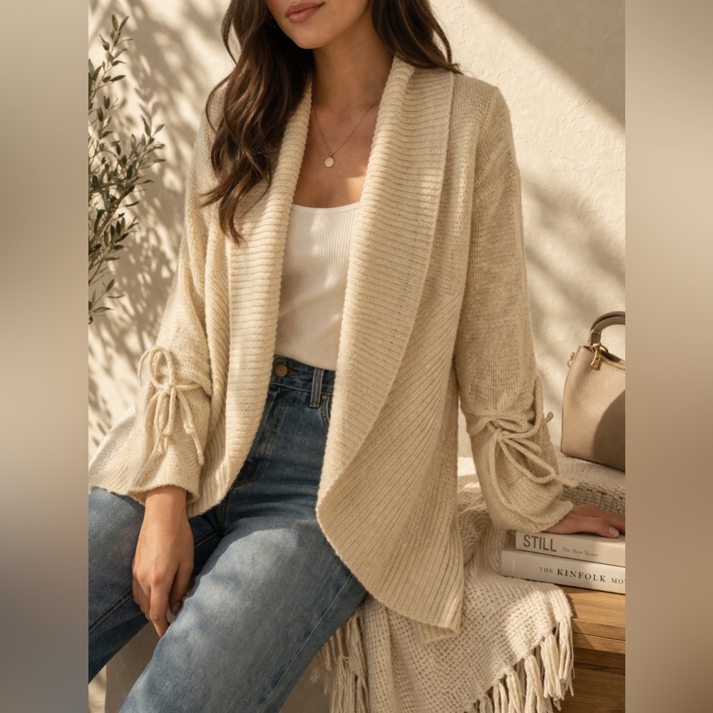 Willi Smith Cream Knit Cardigan | Draped Shawl Collar Tie Sleeve Sweater | M